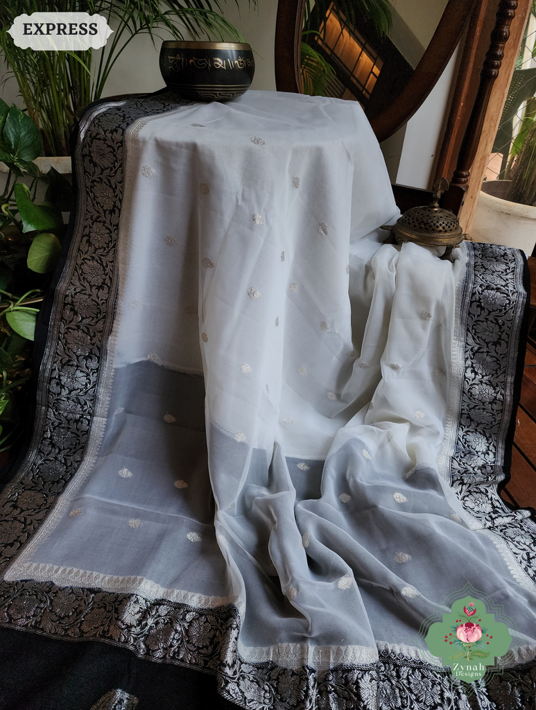 Zynah Black & White Handwoven Pure Khaddi Chiffon Banarasi Saree With Pure Silver Water Zari Woven Butas & Border; Custom Stitched/Ready-made Blouse, Fall, Petticoat; SKU: 29012025012