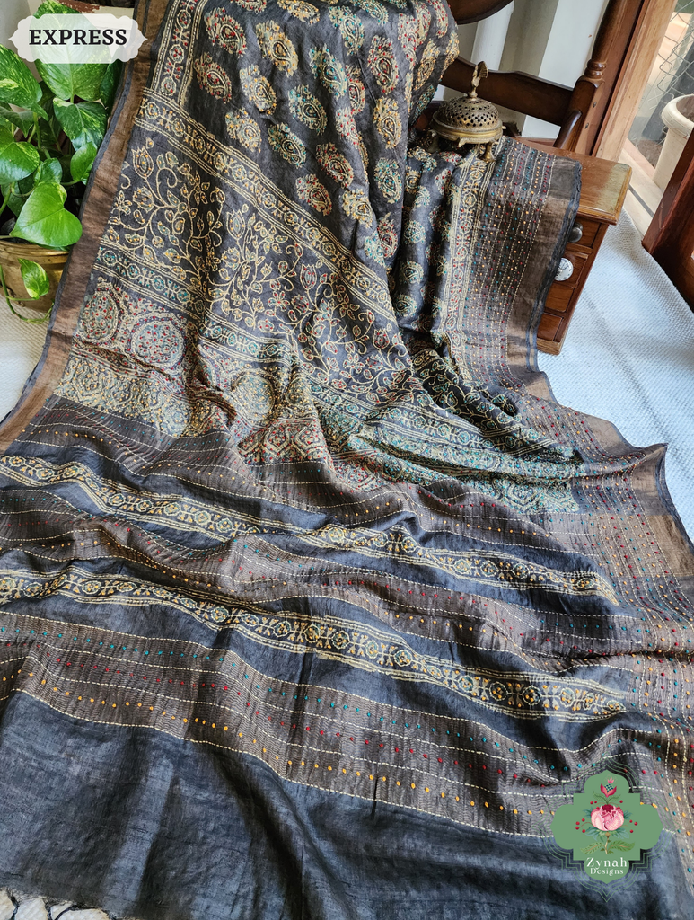 Zynah Blackish Brown Pure Tussar Silk Hand Block Print Ajrakh Saree With Hand Embroidery; Custom Stitched/Ready-made Blouse, Fall, Petticoat; SKU: 2409202502