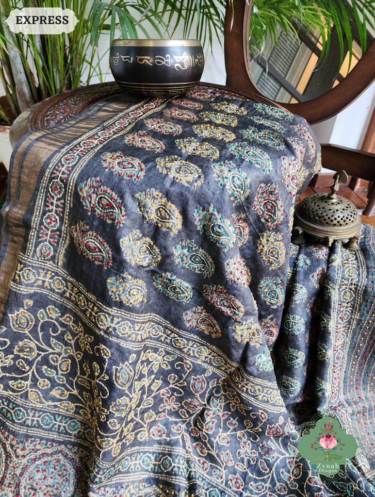 Zynah Blackish Brown Pure Tussar Silk Hand Block Print Ajrakh Saree With Hand Embroidery; Custom Stitched/Ready-made Blouse, Fall, Petticoat; SKU: 2409202502