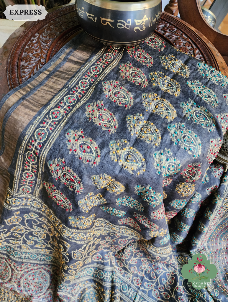 Zynah Blackish Brown Pure Tussar Silk Hand Block Print Ajrakh Saree With Hand Embroidery; Custom Stitched/Ready-made Blouse, Fall, Petticoat; SKU: 2409202502