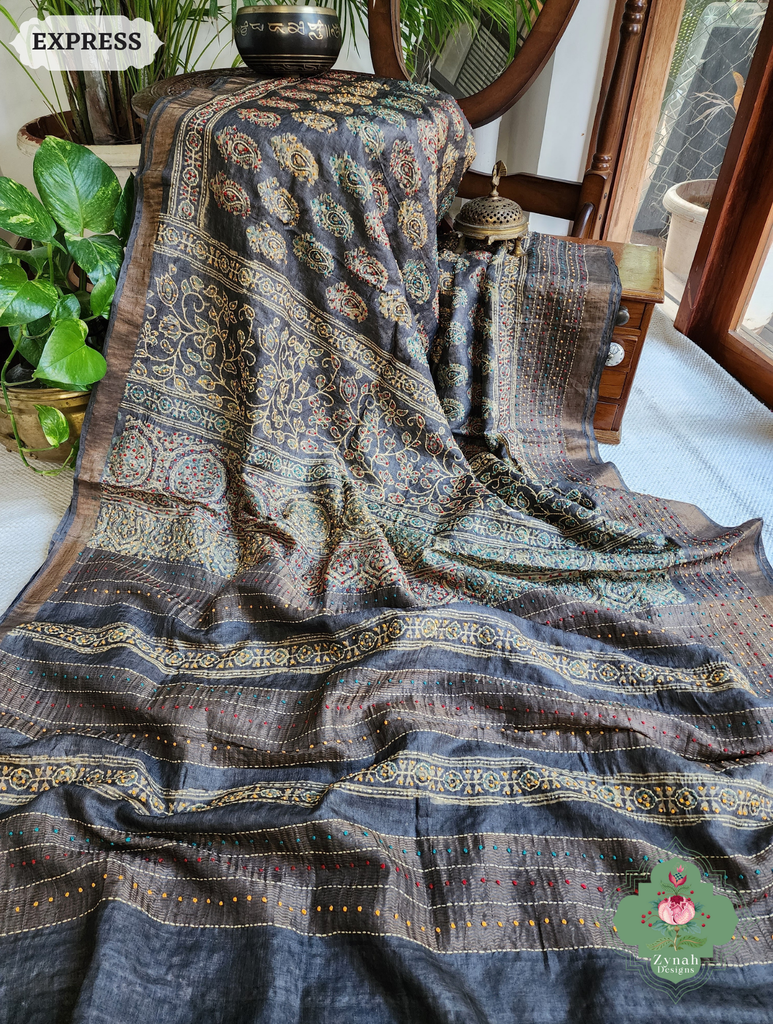 Zynah Blackish Brown Pure Tussar Silk Hand Block Print Ajrakh Saree With Hand Embroidery; Custom Stitched/Ready-made Blouse, Fall, Petticoat; SKU: 2409202502