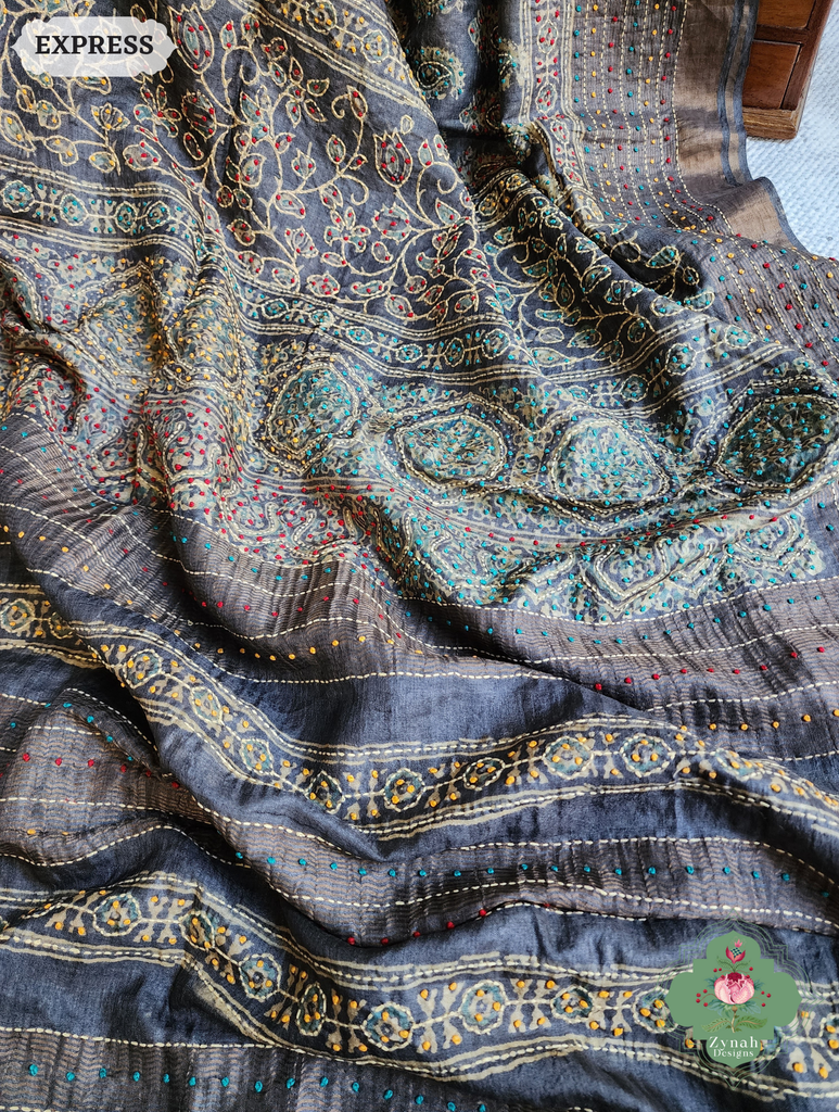 Zynah Blackish Brown Pure Tussar Silk Hand Block Print Ajrakh Saree With Hand Embroidery; Custom Stitched/Ready-made Blouse, Fall, Petticoat; SKU: 2409202502