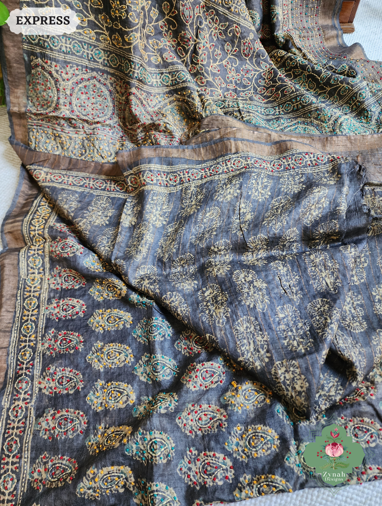 Zynah Blackish Brown Pure Tussar Silk Hand Block Print Ajrakh Saree With Hand Embroidery; Custom Stitched/Ready-made Blouse, Fall, Petticoat; SKU: 2409202502