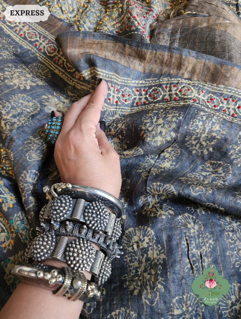 Zynah Blackish Brown Pure Tussar Silk Hand Block Print Ajrakh Saree With Hand Embroidery; Custom Stitched/Ready-made Blouse, Fall, Petticoat; SKU: 2409202502