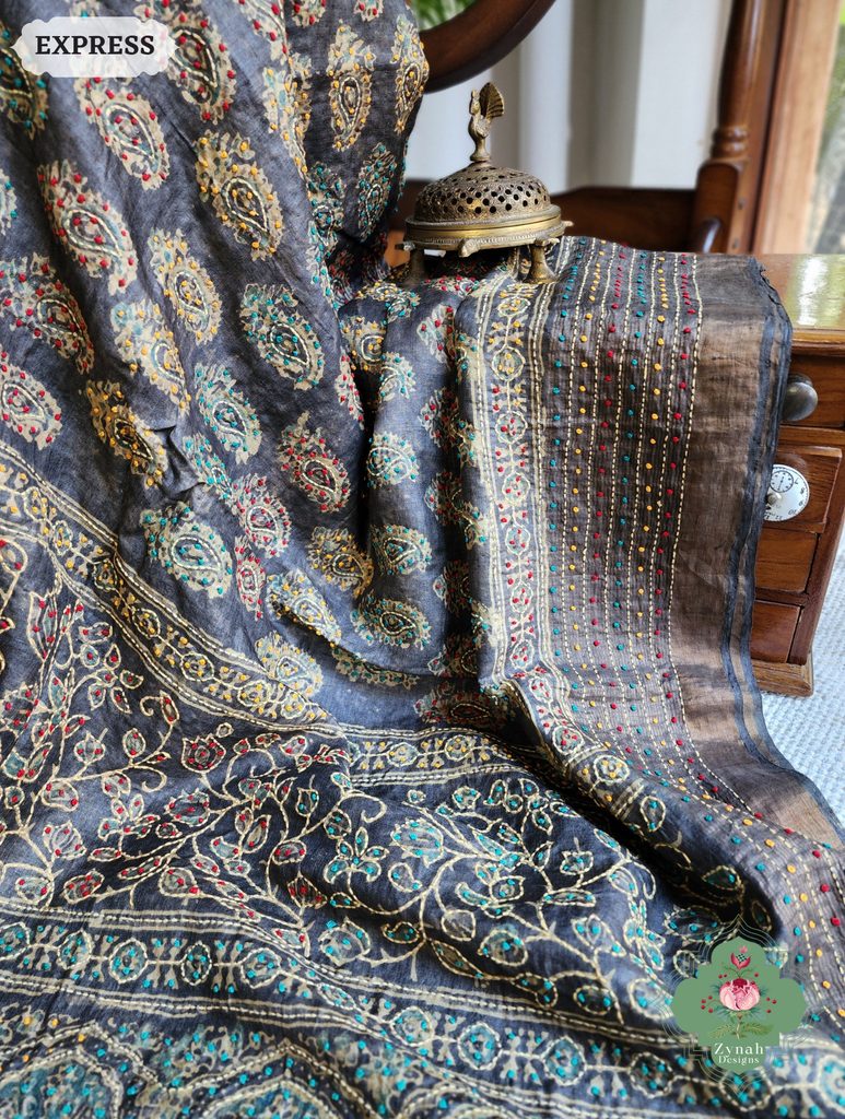 Zynah Blackish Brown Pure Tussar Silk Hand Block Print Ajrakh Saree With Hand Embroidery; Custom Stitched/Ready-made Blouse, Fall, Petticoat; SKU: 2409202502