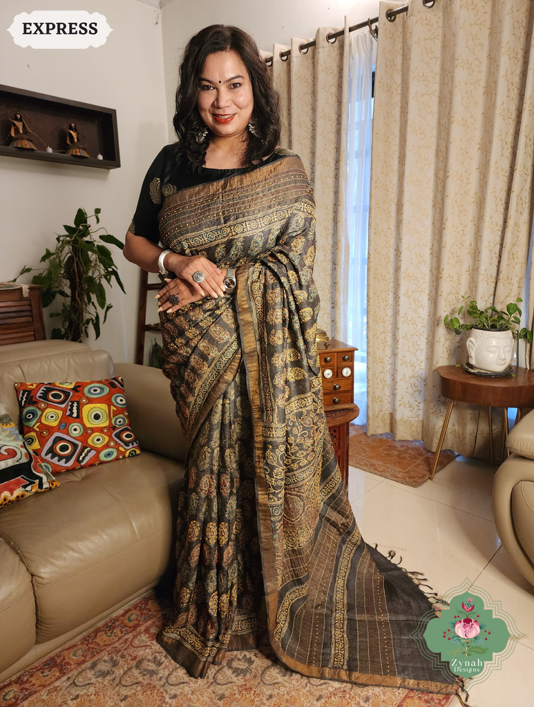 Zynah Blackish Brown Pure Tussar Silk Hand Block Print Ajrakh Saree With Hand Embroidery; Custom Stitched/Ready-made Blouse, Fall, Petticoat; SKU: 2409202502