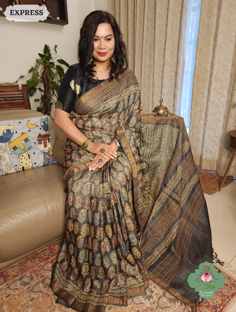 Zynah Blackish Brown Pure Tussar Silk Hand Block Print Ajrakh Saree With Hand Embroidery; Custom Stitched/Ready-made Blouse, Fall, Petticoat; SKU: 2409202502