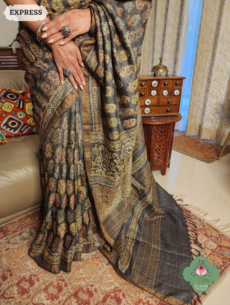 Zynah Blackish Brown Pure Tussar Silk Hand Block Print Ajrakh Saree With Hand Embroidery; Custom Stitched/Ready-made Blouse, Fall, Petticoat; SKU: 2409202502