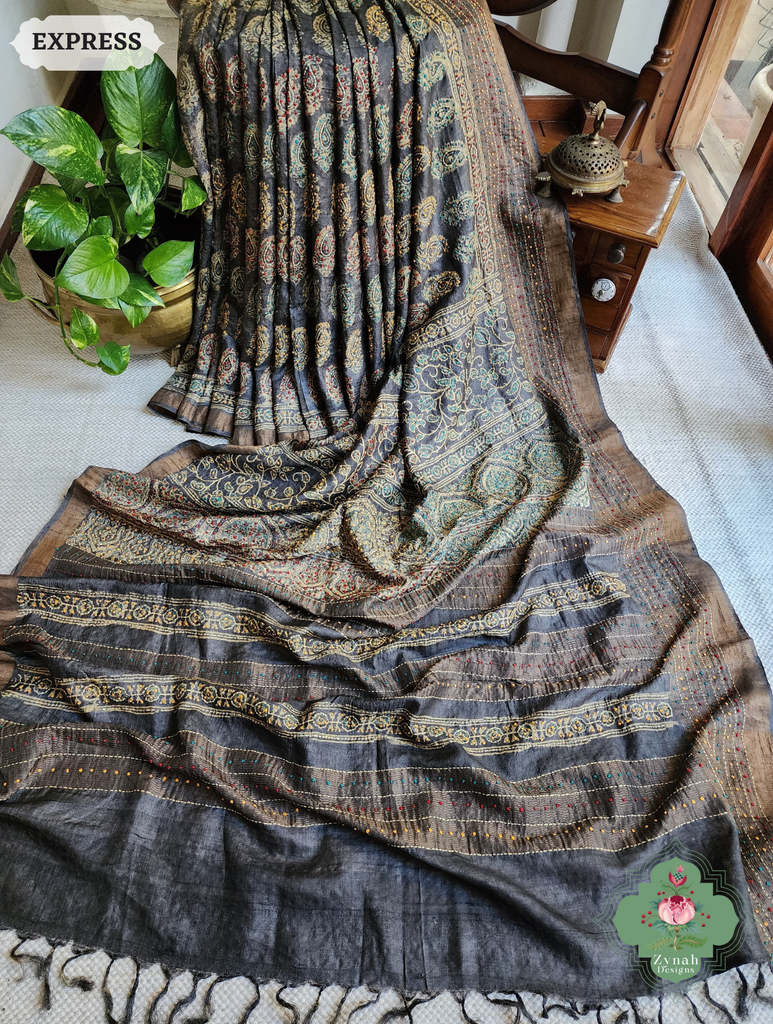 Zynah Blackish Brown Pure Tussar Silk Hand Block Print Ajrakh Saree With Hand Embroidery; Custom Stitched/Ready-made Blouse, Fall, Petticoat; SKU: 2409202502