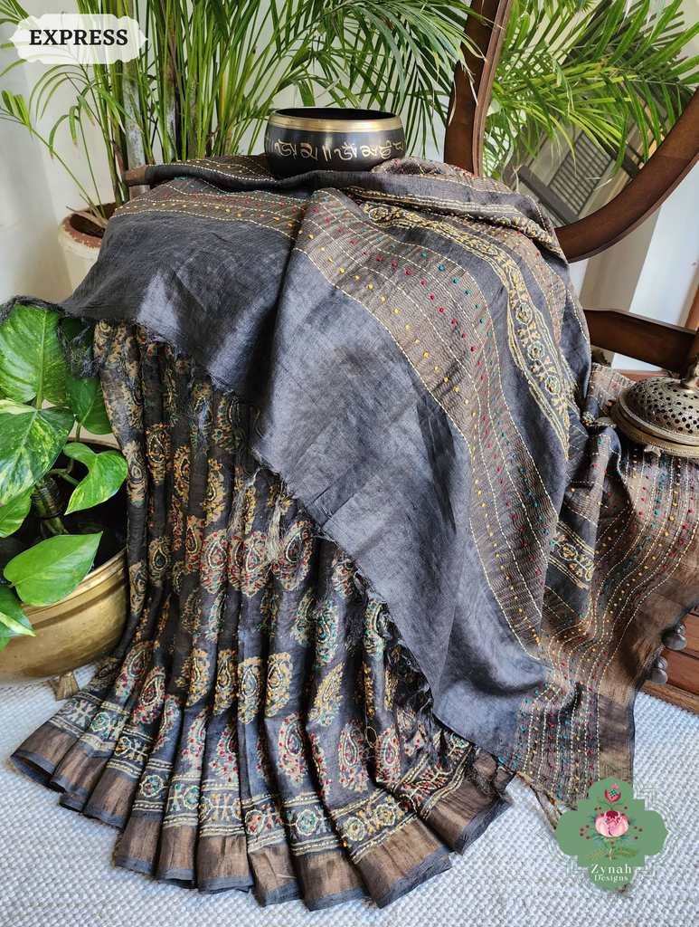 Zynah Blackish Brown Pure Tussar Silk Hand Block Print Ajrakh Saree With Hand Embroidery; Custom Stitched/Ready-made Blouse, Fall, Petticoat; SKU: 2409202502
