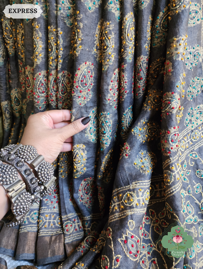 Zynah Blackish Brown Pure Tussar Silk Hand Block Print Ajrakh Saree With Hand Embroidery; Custom Stitched/Ready-made Blouse, Fall, Petticoat; SKU: 2409202502