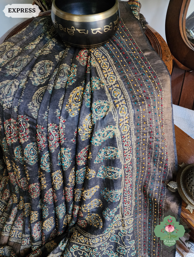 Zynah Blackish Brown Pure Tussar Silk Hand Block Print Ajrakh Saree With Hand Embroidery; Custom Stitched/Ready-made Blouse, Fall, Petticoat; SKU: 2409202502