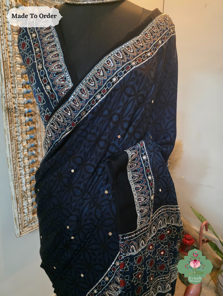 Zynah Made To Order Blue Ajrakh Modal Silk Saree With Hand Embellishments; Custom Stitched/Ready-made Blouse, Fall, Petticoat; SKU:1909202506