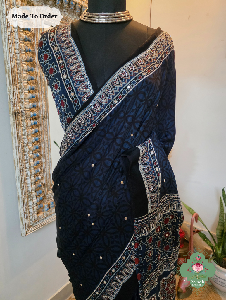 Zynah Made To Order Blue Ajrakh Modal Silk Saree With Hand Embellishments; Custom Stitched/Ready-made Blouse, Fall, Petticoat; SKU:1909202506