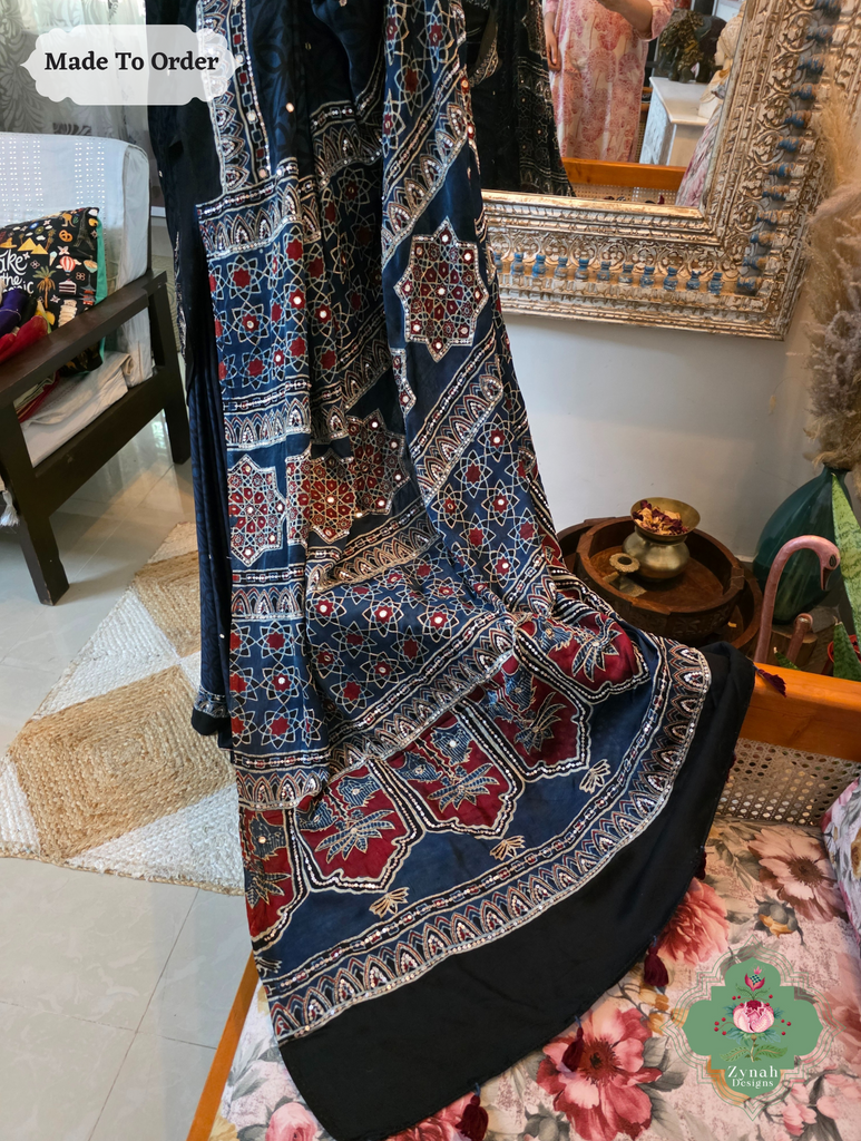 Zynah Made To Order Blue Ajrakh Modal Silk Saree With Hand Embellishments; Custom Stitched/Ready-made Blouse, Fall, Petticoat; SKU:1909202506