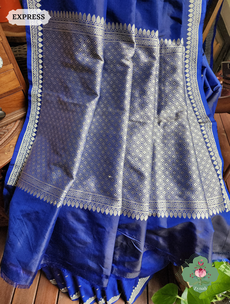 Zynah Blue Pure Banarasi Katan Silk Saree With Delicate Butis; Custom Stitched/Ready-made Blouse, Fall, Petticoat; SKU: 1507202301