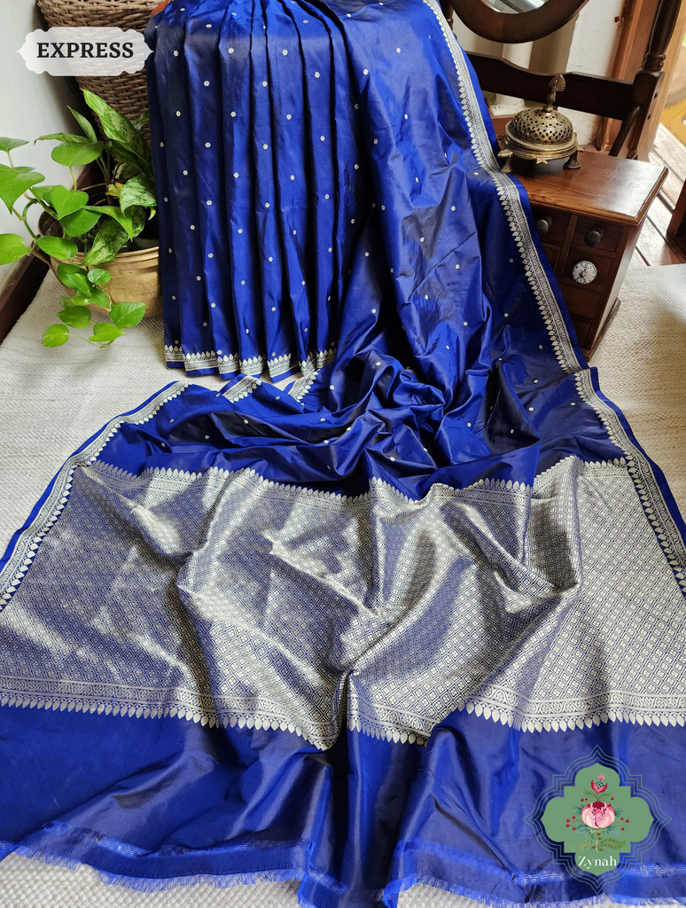 Zynah Blue Pure Banarasi Katan Silk Saree With Delicate Butis; Custom Stitched/Ready-made Blouse, Fall, Petticoat; SKU: 1507202301