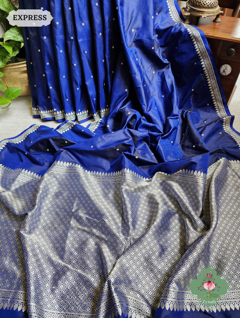 Zynah Blue Pure Banarasi Katan Silk Saree With Delicate Butis; Custom Stitched/Ready-made Blouse, Fall, Petticoat; SKU: 1507202301