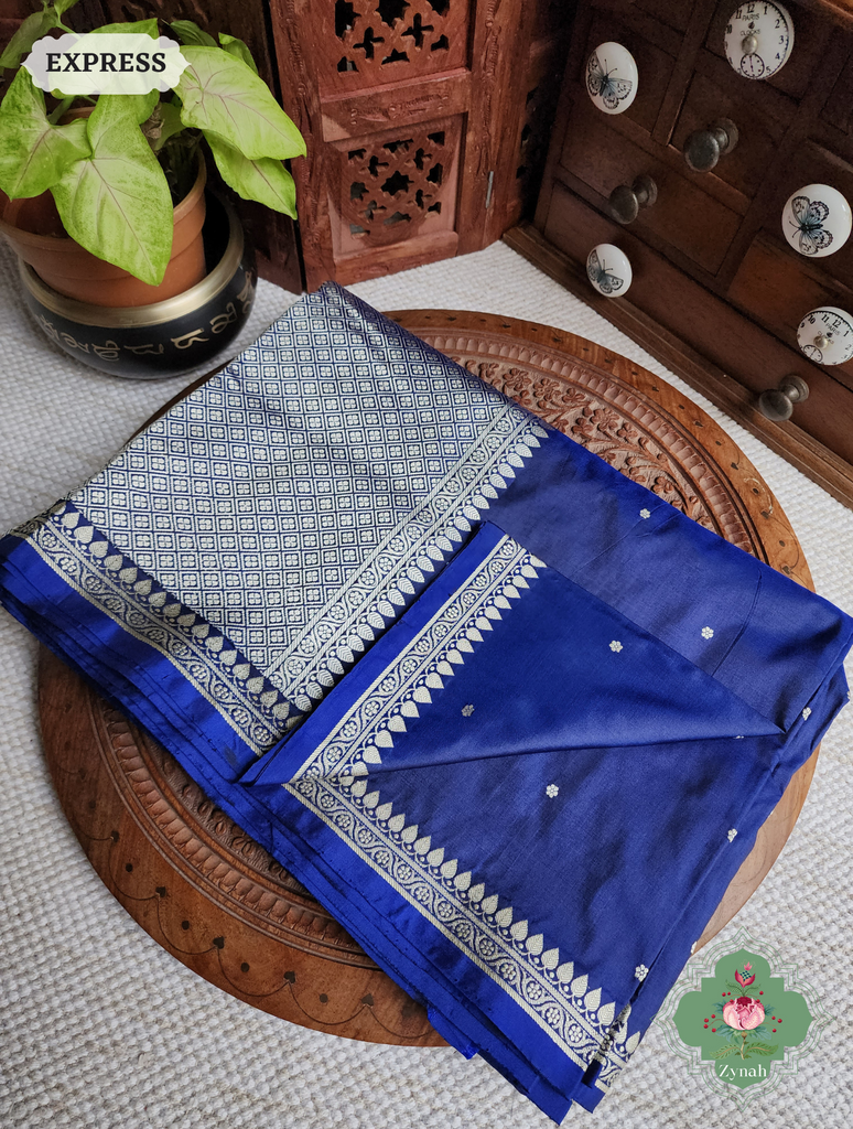 Zynah Blue Pure Banarasi Katan Silk Saree With Delicate Butis; Custom Stitched/Ready-made Blouse, Fall, Petticoat; SKU: 1507202301
