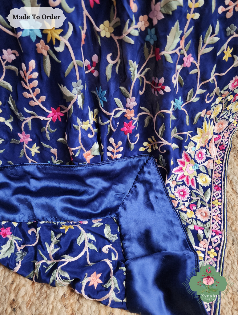 Zynah Made To Order Blue Pure Crepe Silk Hand Embroidered Authentic Parsi Gara Saree; Custom Stitched/Ready-made Blouse, Fall, Petticoat; SKU: 2008202504