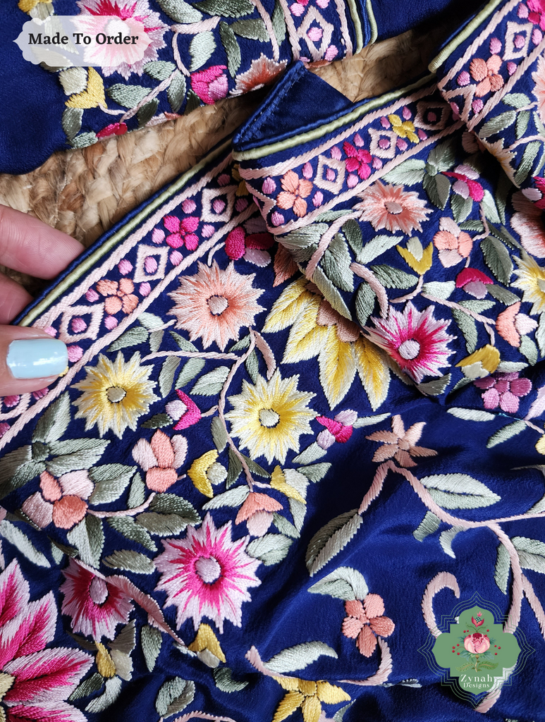 Zynah Made To Order Blue Pure Crepe Silk Hand Embroidered Authentic Parsi Gara Saree; Custom Stitched/Ready-made Blouse, Fall, Petticoat; SKU: 2008202504
