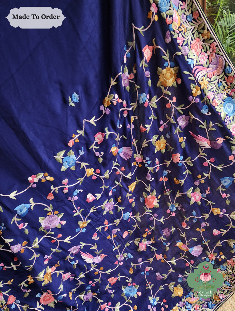 Zynah Made To Order Blue Pure Crepe Silk Hand Embroidered Authentic Parsi Gara Saree; Custom Stitched/Ready-made Blouse, Fall, Petticoat; SKU: 1109202506