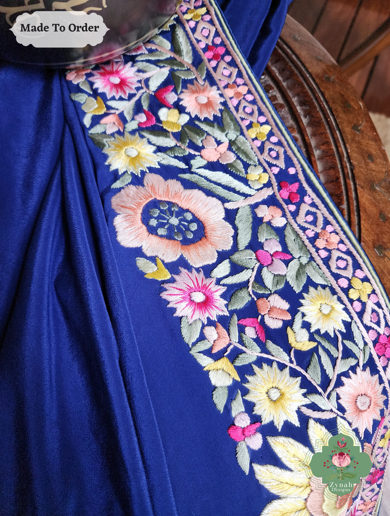 Zynah Made To Order Blue Pure Crepe Silk Hand Embroidered Authentic Parsi Gara Saree; Custom Stitched/Ready-made Blouse, Fall, Petticoat; SKU: 2008202504