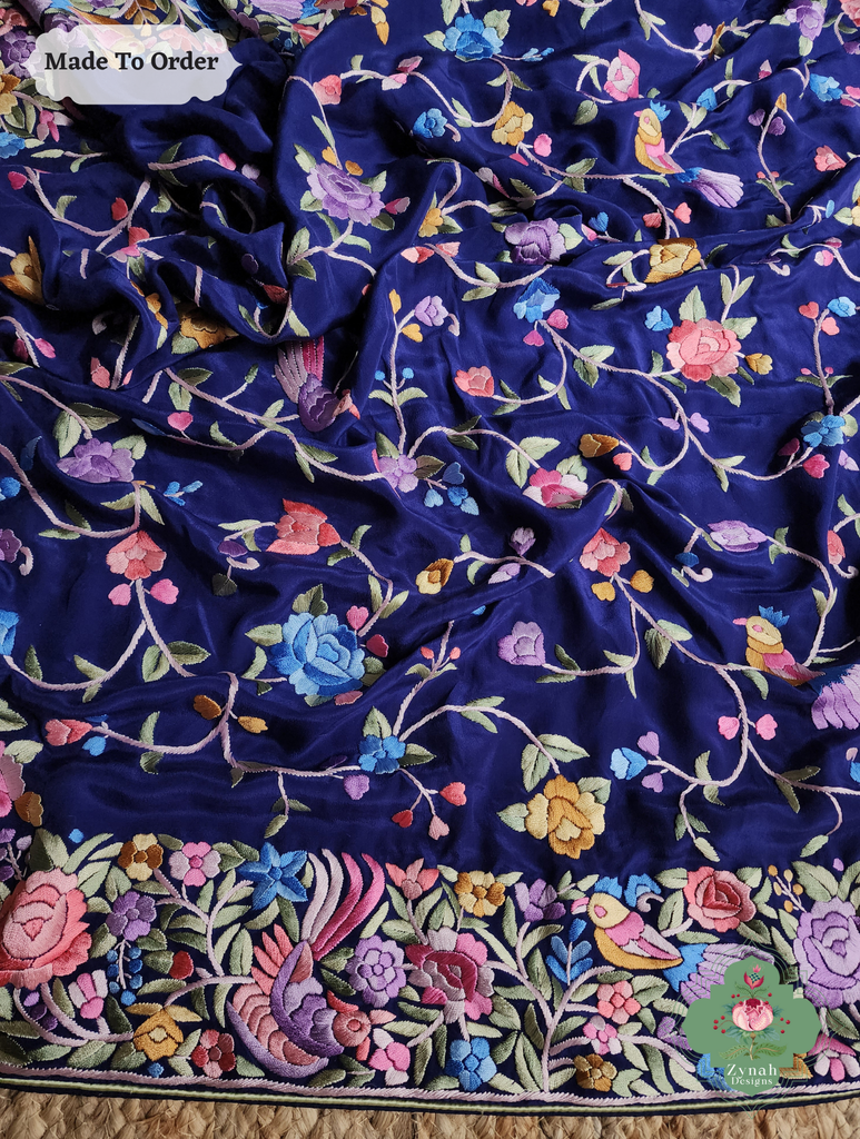 Zynah Made To Order Blue Pure Crepe Silk Hand Embroidered Authentic Parsi Gara Saree; Custom Stitched/Ready-made Blouse, Fall, Petticoat; SKU: 1109202506