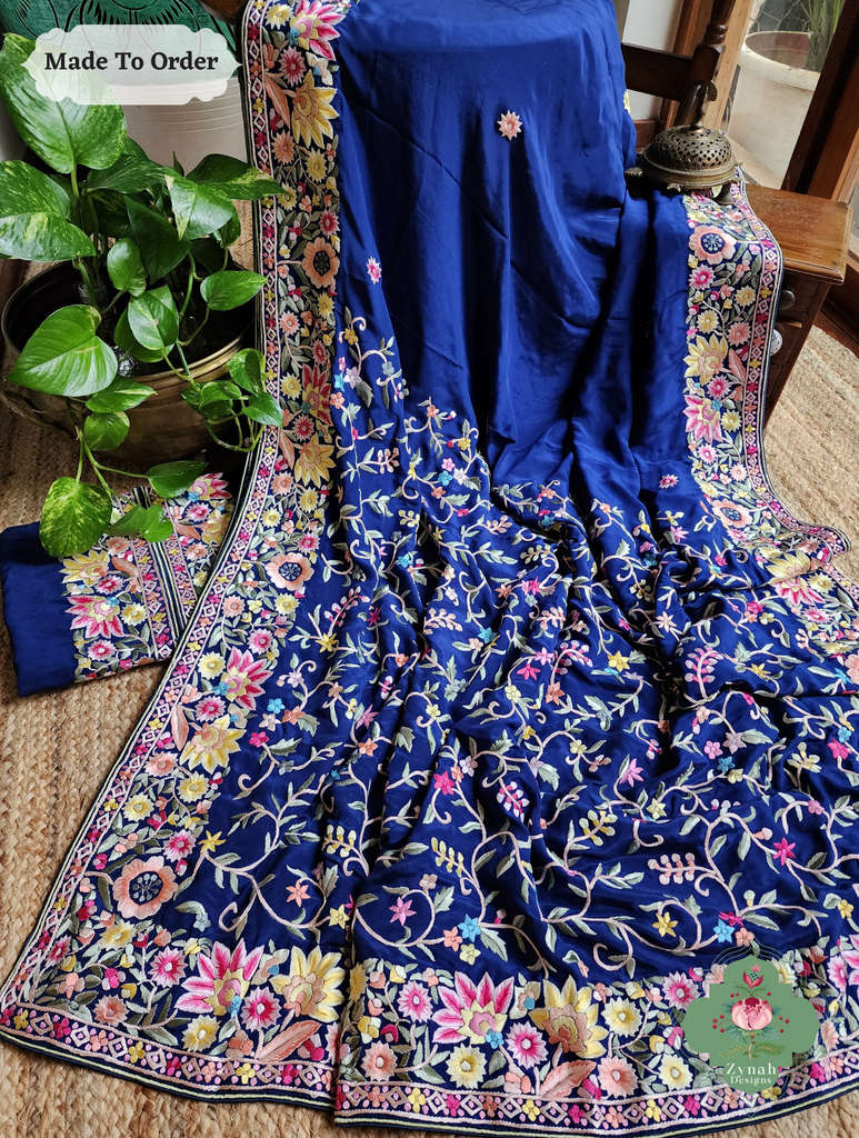 Zynah Made To Order Blue Pure Crepe Silk Hand Embroidered Authentic Parsi Gara Saree; Custom Stitched/Ready-made Blouse, Fall, Petticoat; SKU: 2008202504