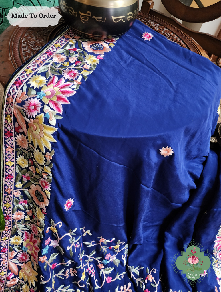 Zynah Made To Order Blue Pure Crepe Silk Hand Embroidered Authentic Parsi Gara Saree; Custom Stitched/Ready-made Blouse, Fall, Petticoat; SKU: 2008202504