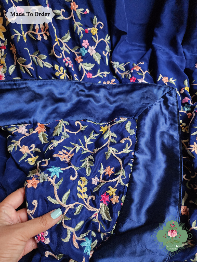 Zynah Made To Order Blue Pure Crepe Silk Hand Embroidered Authentic Parsi Gara Saree; Custom Stitched/Ready-made Blouse, Fall, Petticoat; SKU: 2008202504