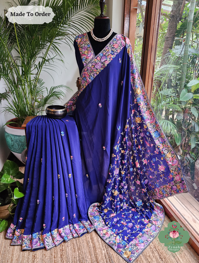 Zynah Made To Order Blue Pure Crepe Silk Hand Embroidered Authentic Parsi Gara Saree; Custom Stitched/Ready-made Blouse, Fall, Petticoat; SKU: 1109202506