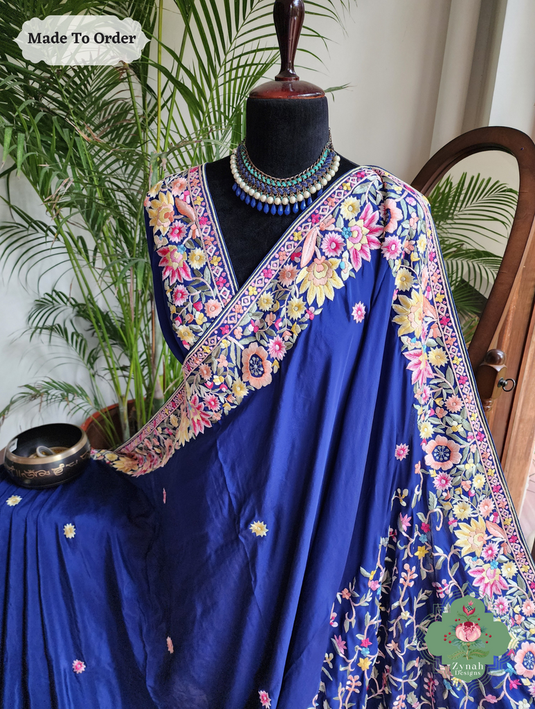 Zynah Made To Order Blue Pure Crepe Silk Hand Embroidered Authentic Parsi Gara Saree; Custom Stitched/Ready-made Blouse, Fall, Petticoat; SKU: 2008202504