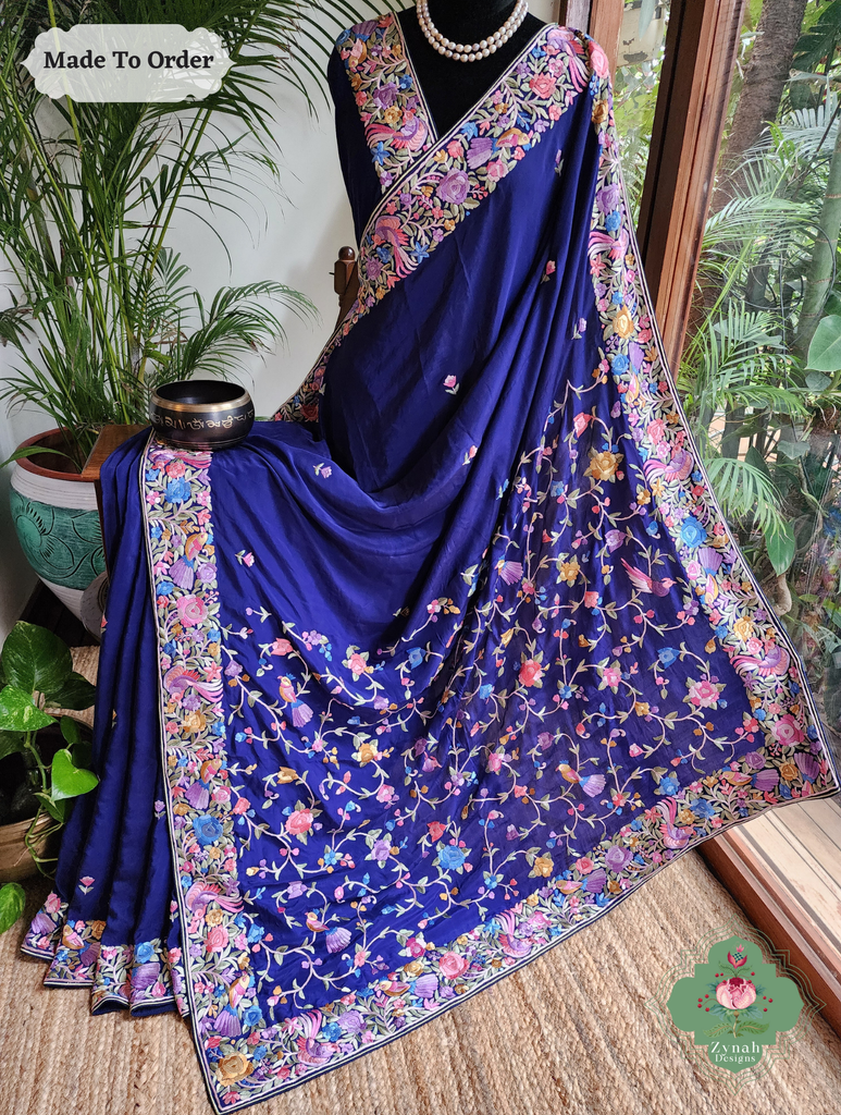 Zynah Made To Order Blue Pure Crepe Silk Hand Embroidered Authentic Parsi Gara Saree; Custom Stitched/Ready-made Blouse, Fall, Petticoat; SKU: 1109202506