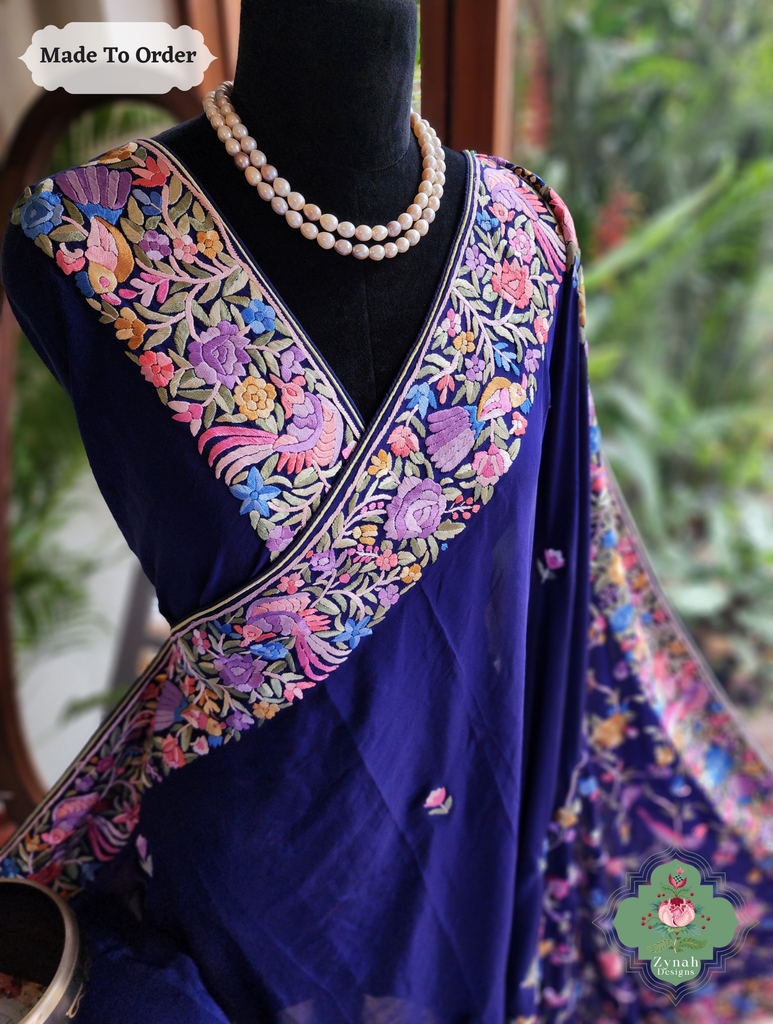 Zynah Made To Order Blue Pure Crepe Silk Hand Embroidered Authentic Parsi Gara Saree; Custom Stitched/Ready-made Blouse, Fall, Petticoat; SKU: 1109202506