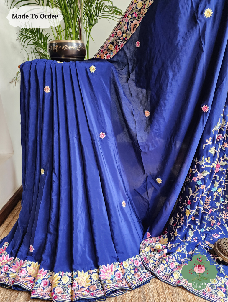 Zynah Made To Order Blue Pure Crepe Silk Hand Embroidered Authentic Parsi Gara Saree; Custom Stitched/Ready-made Blouse, Fall, Petticoat; SKU: 2008202504
