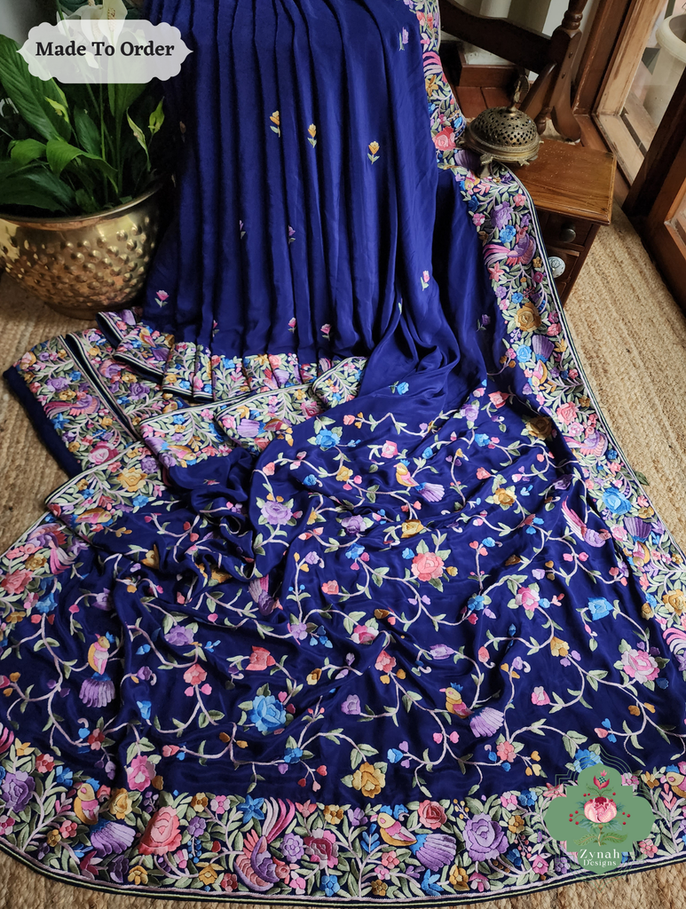 Zynah Made To Order Blue Pure Crepe Silk Hand Embroidered Authentic Parsi Gara Saree; Custom Stitched/Ready-made Blouse, Fall, Petticoat; SKU: 1109202506