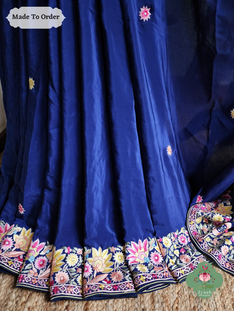 Zynah Made To Order Blue Pure Crepe Silk Hand Embroidered Authentic Parsi Gara Saree; Custom Stitched/Ready-made Blouse, Fall, Petticoat; SKU: 2008202504