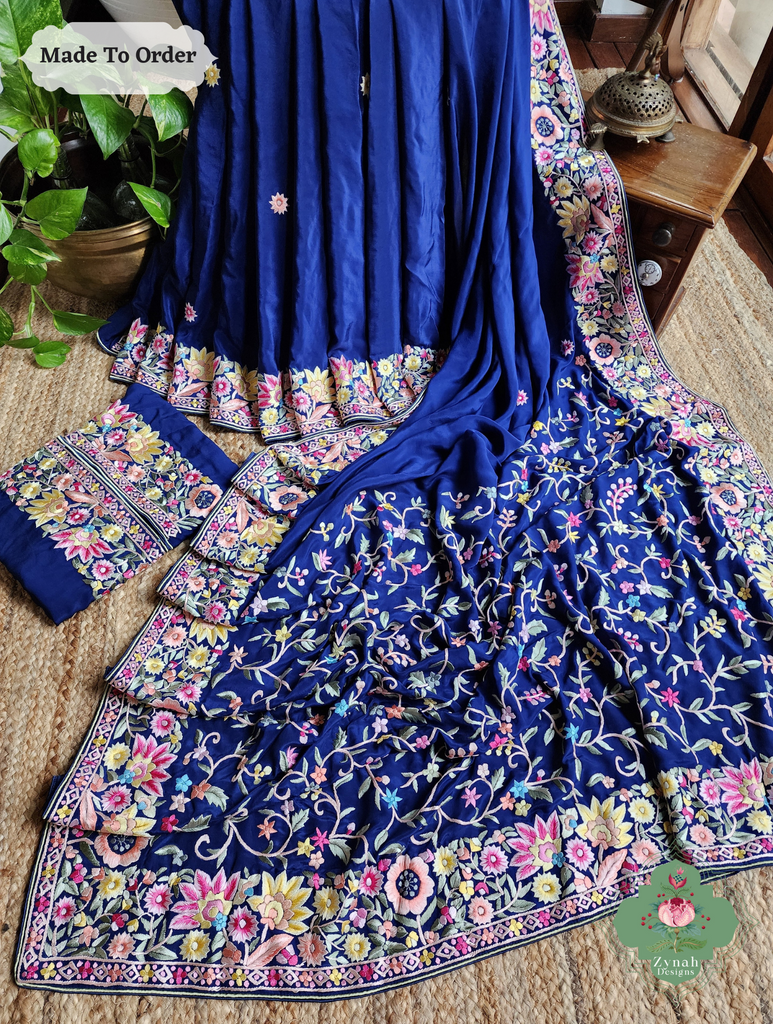 Zynah Made To Order Blue Pure Crepe Silk Hand Embroidered Authentic Parsi Gara Saree; Custom Stitched/Ready-made Blouse, Fall, Petticoat; SKU: 2008202504