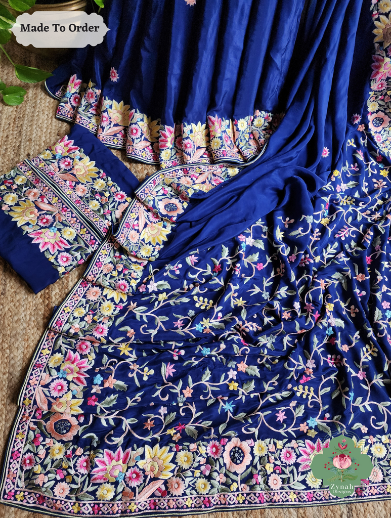 Zynah Made To Order Blue Pure Crepe Silk Hand Embroidered Authentic Parsi Gara Saree; Custom Stitched/Ready-made Blouse, Fall, Petticoat; SKU: 2008202504