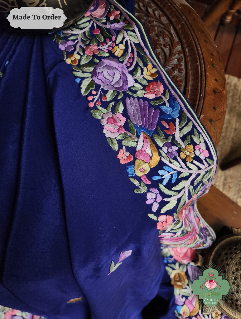Zynah Made To Order Blue Pure Crepe Silk Hand Embroidered Authentic Parsi Gara Saree; Custom Stitched/Ready-made Blouse, Fall, Petticoat; SKU: 1109202506