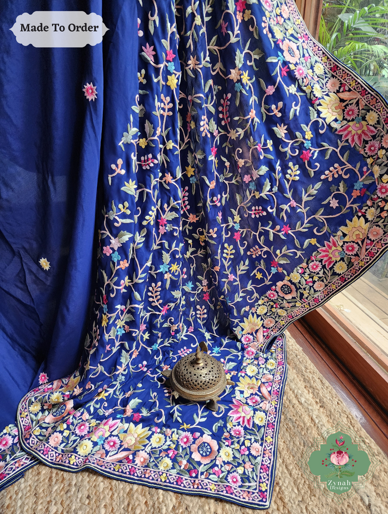 Zynah Made To Order Blue Pure Crepe Silk Hand Embroidered Authentic Parsi Gara Saree; Custom Stitched/Ready-made Blouse, Fall, Petticoat; SKU: 2008202504