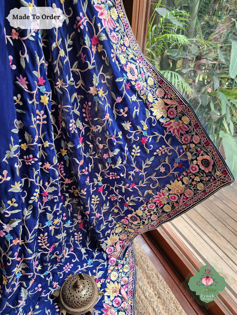 Zynah Made To Order Blue Pure Crepe Silk Hand Embroidered Authentic Parsi Gara Saree; Custom Stitched/Ready-made Blouse, Fall, Petticoat; SKU: 2008202504