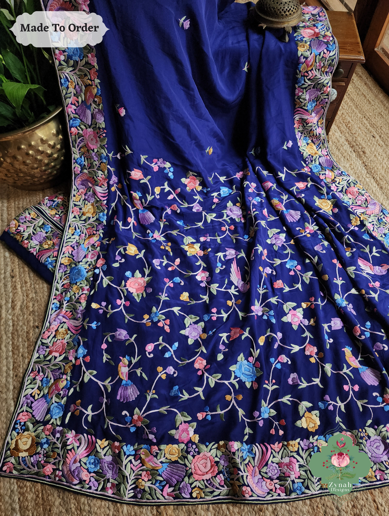 Zynah Made To Order Blue Pure Crepe Silk Hand Embroidered Authentic Parsi Gara Saree; Custom Stitched/Ready-made Blouse, Fall, Petticoat; SKU: 1109202506