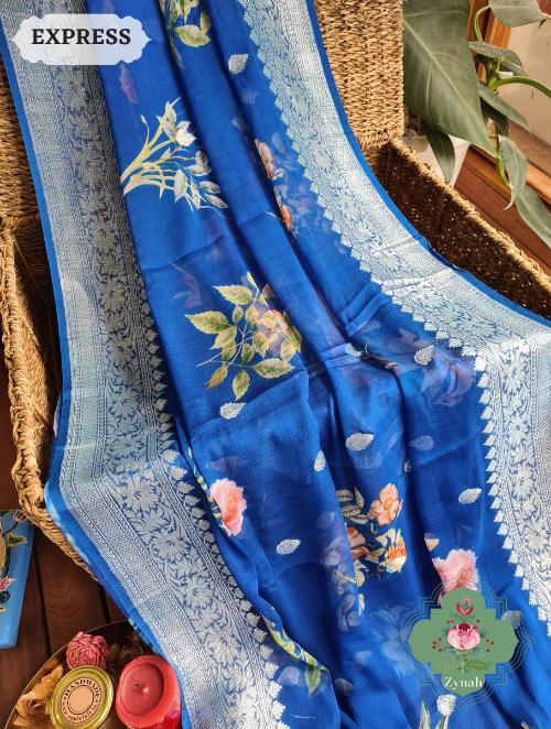 Zynah Blue Pure Khaddi Georgette Floral Banarasi Saree With Silver Zari; Custom Stitched/Ready-made Blouse, Fall, Petticoat; SKU: 2804202302