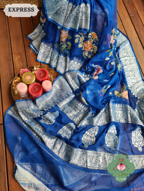 Zynah Blue Pure Khaddi Georgette Floral Banarasi Saree With Silver Zari; Custom Stitched/Ready-made Blouse, Fall, Petticoat; SKU: 2804202302