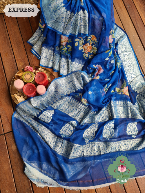 Zynah Blue Pure Khaddi Georgette Floral Banarasi Saree With Silver Zari; Custom Stitched/Ready-made Blouse, Fall, Petticoat; SKU: 2804202302