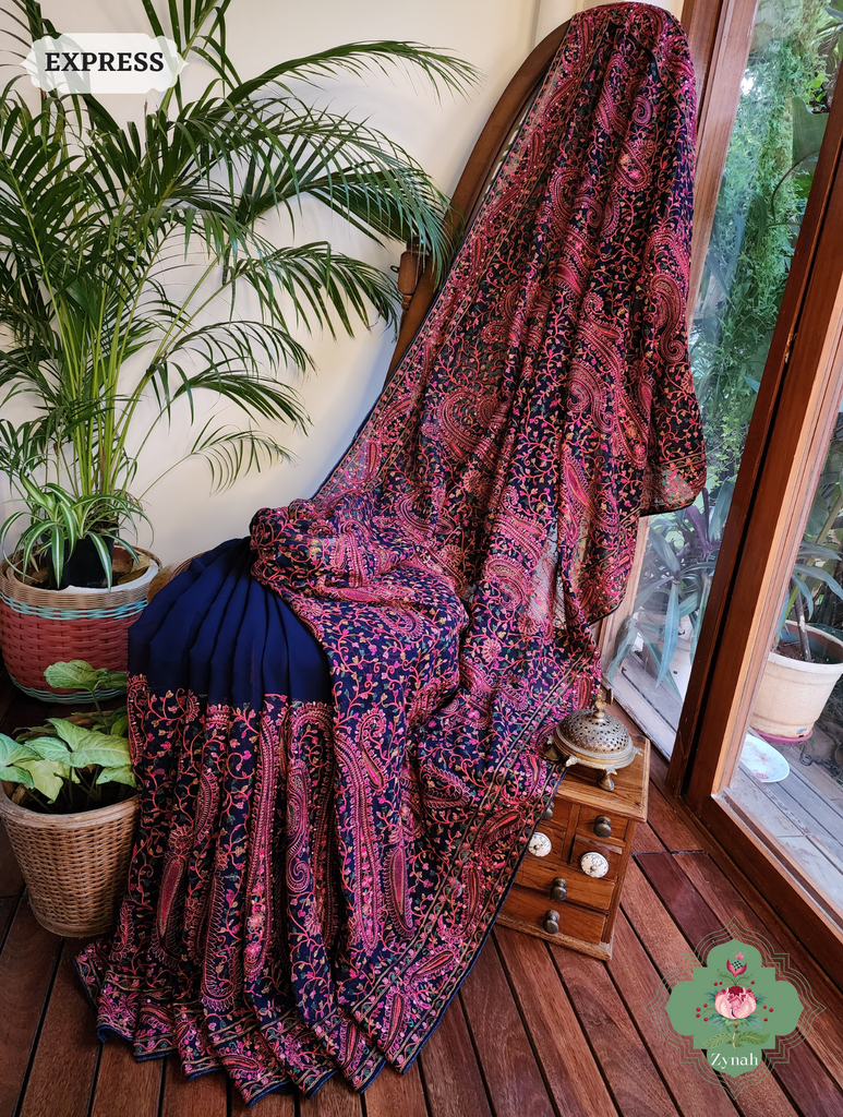 Blue Georgette Saree With Kashida Inspired Embroidery 1