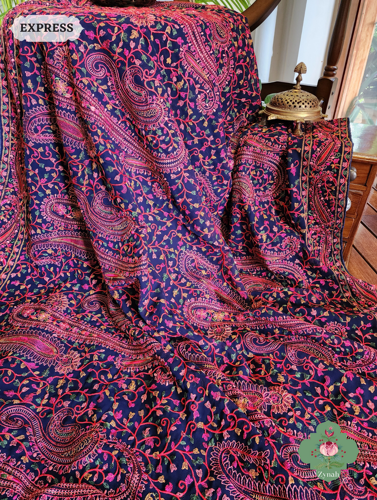 Blue Georgette Saree With Kashida Inspired Embroidery 4