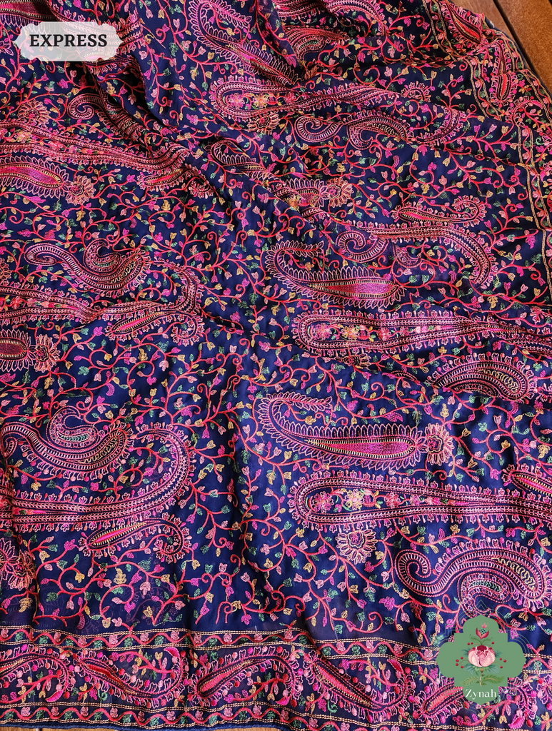Blue Georgette Saree With Kashida Inspired Embroidery 5